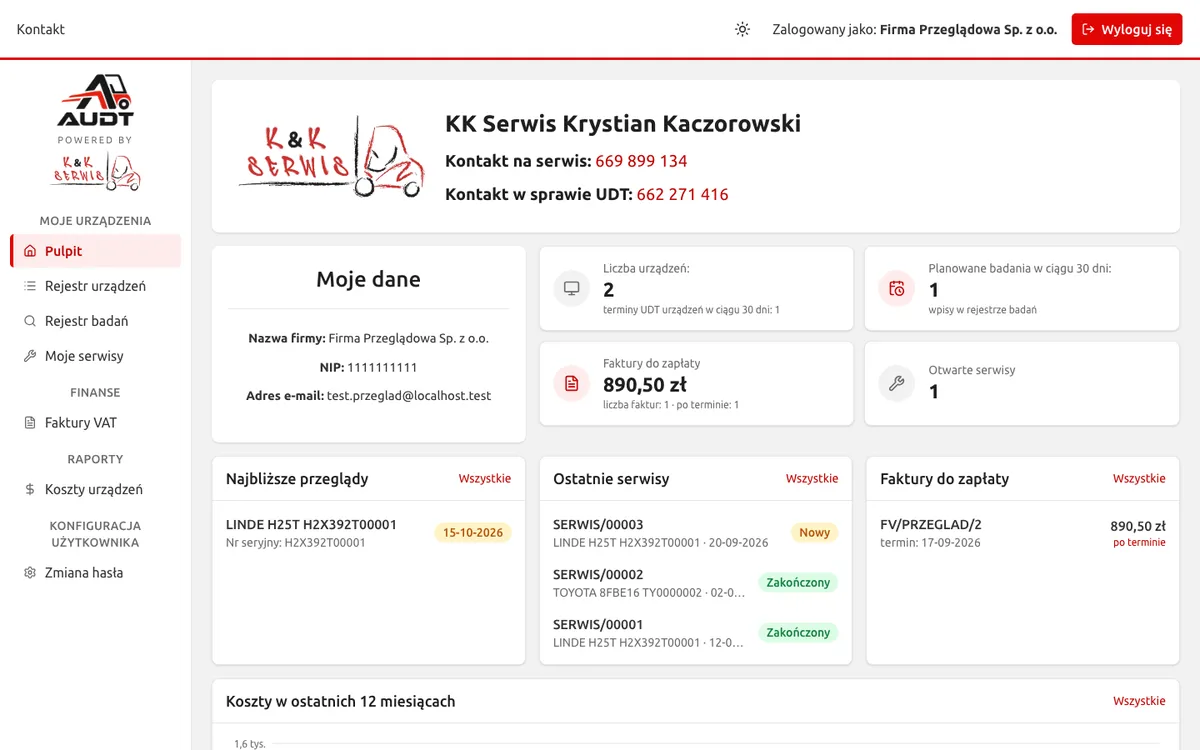 AUDT customer dashboard with demo data
