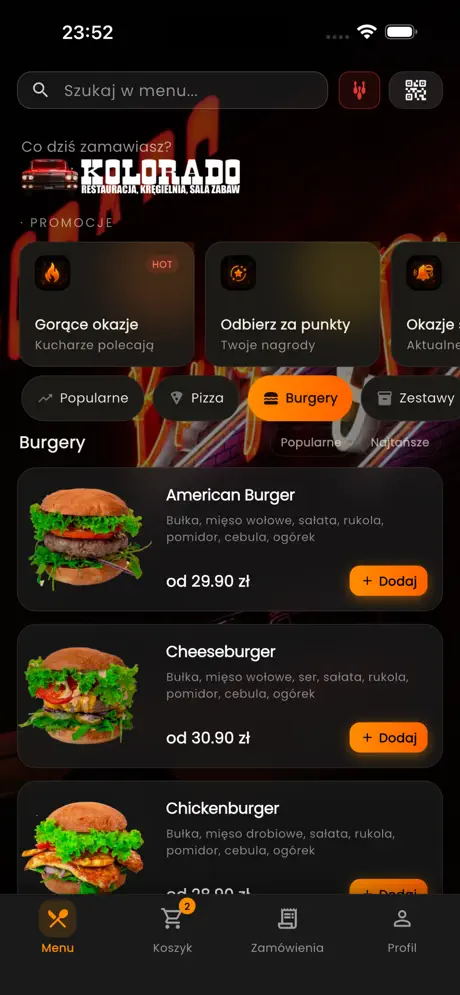 Centrum Kolorado app: menu with burgers and daily deals