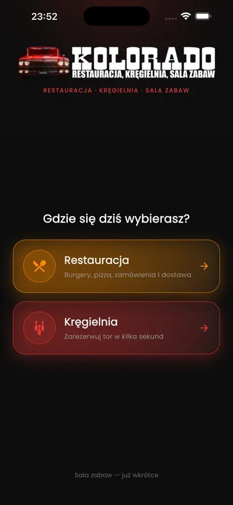 Centrum Kolorado app: choosing the restaurant or the bowling alley