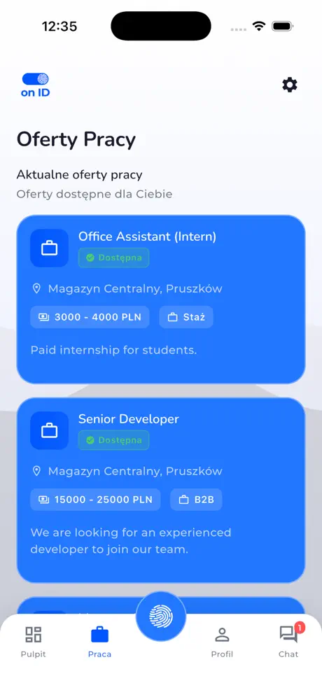 on ID app: job offers list